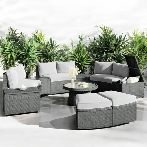 10-Piece Outdoor Patio Rattan Sofa Set with Cushions, Side Tables, Ottomans & Round Table – Light Gray PE Wicker Sectional Set - 1 of 4