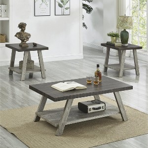 Roundhill Furniture Athens Contemporary 3-Piece Wood Shelf Coffee Table Set in Weathered Walnut and Gray - 1 of 4