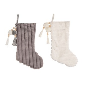 Transpac Fabric Textured Cozy Stocking w/Pom Pom Set of 2 Christmas Home Decorations - 1 of 1