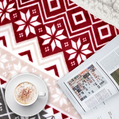Holiday Snowflake Red and White Reversible Sherpa Throw Blanket
