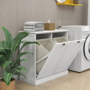 GlasFlength Decorative Storage Cabinet 2-Compartment Tilt-Out Laundry Sorter, Free Standing Home Organizer, for Laundry, White, 32.60"*14.48"*31.50" - 1 of 4
