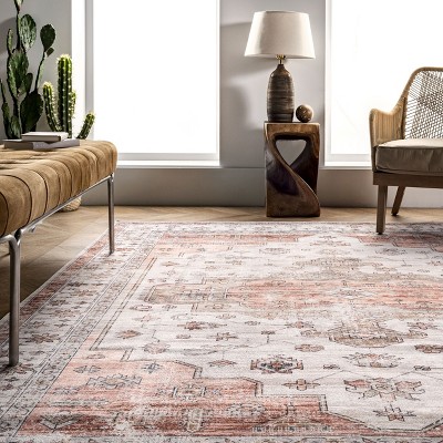 4' x 6' Orange and White Medallion Washable Synthetic Rug