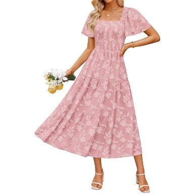 Coolmee Women's Boho Floral Midi Dress Casual Long Sleeve Crewneck Flowy Wedding  Guest Long Dresses Pink M : Target