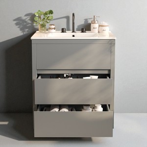 30" Bathroom Vanity with Sink – Modern Freestanding Cabinet with Dual Soft-Close Drawers, Ceramic Top, Handleless Design, MDF Construction - 1 of 4