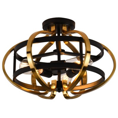 PAKOKULA 3-Light Black and Gold Open Cage Shade Semi-Flush Mount Ceiling Light