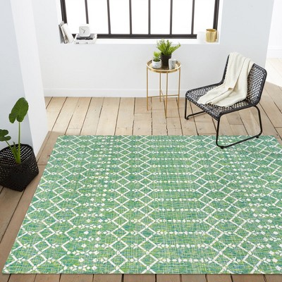 Boho-Chic Cream/Green Moroccan-Inspired Indoor/Outdoor Area Rug