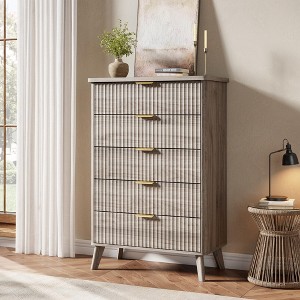 47.2" Tall Fluted Dresser w/ Faux Marble Top & 5 Deep Drawers - Modern Curved Profile Wooden Chest for Bedroom, Living Room, Kids Room, Hallway - 1 of 4