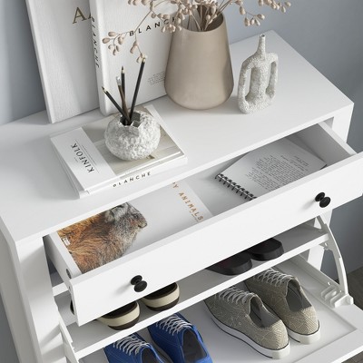 White Wood Shoe Storage Cabinet with Flip Drawers and Top Drawer