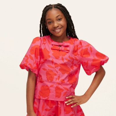 Girls' Classic Rose Puff Short Sleeve Blouse - kate spade new york x Target Pink/Red