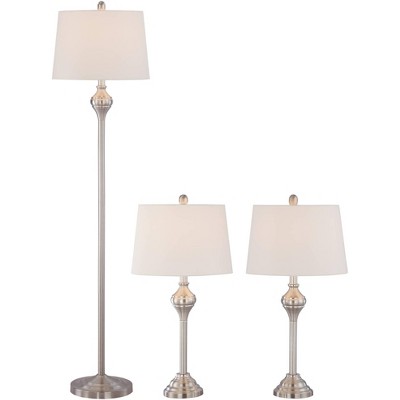 Barnes and Ivy Traditional Table Floor Lamps Set of 3 Brushed Steel White Tapered Drum Shade for Living Room Family Bedroom