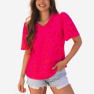 Amaryllis Women’s Tonal Animal Print Short Sleeve V-Neck Top Ruffle Trim Lightweight Semi-Sheer Casual Blouse- Large ,Pink