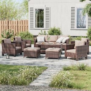 Sonkuki 8-Piece Patio Rattan Furniture Set Coversation Set Outdoor Sofa Couch w/ Chairs, Coffee Table and Ottoman, Navy Blue Cushion - 1 of 4