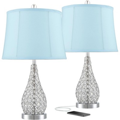 360 Lighting Modern Accent Table Lamps 23.5" High Set of 2 with USB Charging Port Acrylic Chrome Blue Softback Drum Shade Living Room Desk Bedroom