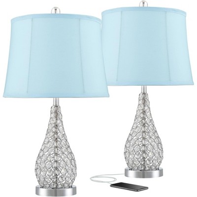 360 Lighting Modern Accent Table Lamps Set of 2 with USB Charging Port Acrylic Chrome Blue Softback Drum Shade Living Room Bedroom