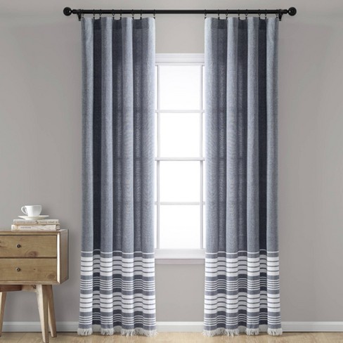 Mindra Light Gray Striped Navy Tassel Trim Curtain