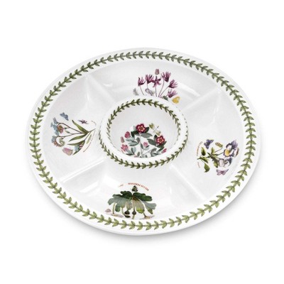 Portmeirion Botanic Garden 14" Chip & Dip Platter - Porcelain Serving Dish with Assorted Floral Motifs, Dishwasher Safe, Made in England