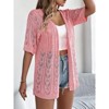 Womens Short Sleeve Hollowed Out Knitted Cardigan Fall Casual V Neck Open Front Vacation Vun Protective Shirt Top - 4 of 4