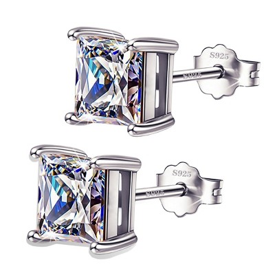 Paaaawaters 925 Sterling Silver Stud Earrings 4 Prong Princess Cut Square Cubic Zirconia Ear Stud for Women Men Girl CZ