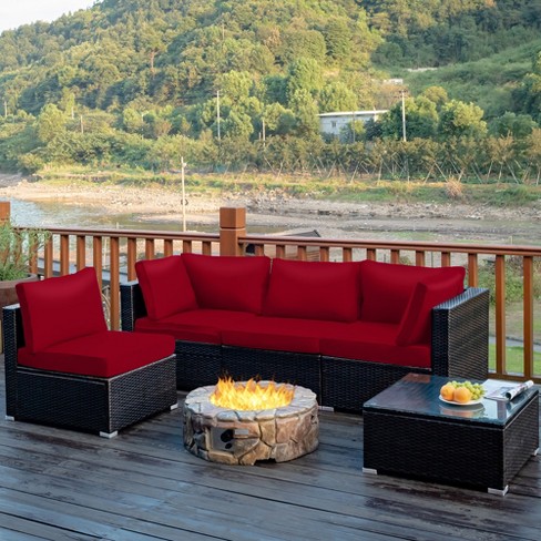 Costway 5PCS Patio Rattan Furniture Set Cushioned Sofa & Chair w/Coffee  Table Red