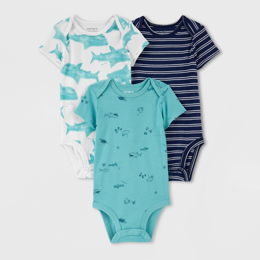 Carter's Just One You Baby Boys' 3pk Aqua Sharks and Fish Bodysuit - Blue 24M
