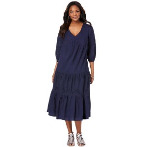 Roaman's Women's Plus Size Eyelet Ruffle Dress - 14/16, Navy - 1 of 4