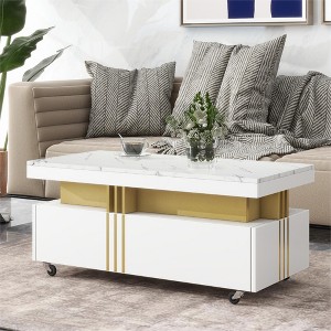 Vynxaria Contemporary Faux Marble Coffee Table, Rectangle Cocktail Table with Wheels, Moderate Luxury Center Table for Living Room, White - 1 of 4