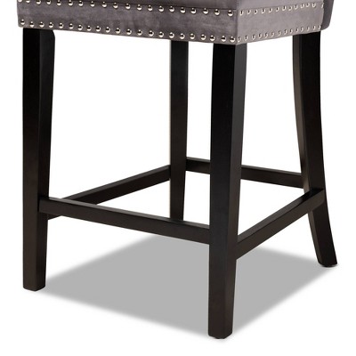 Gray Velvet and Dark Brown Wood Quilted Counter Stools, Set of 2