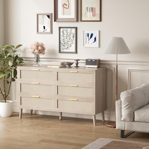 Jojoka 6-Drawer Rattan Dresser, Mid-Century Modern Chest with Natural Woven Fronts & Wooden Legs, Storage Organizer for Bedroom, Living Room - 1 of 4