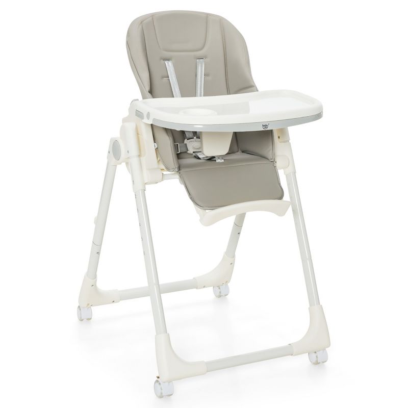 Babyjoy Foldable Highchair Baby Feeding Chair with 360° Rotating Wheels & Height Adjustment Grey/Beige/Pink, 2 of 7