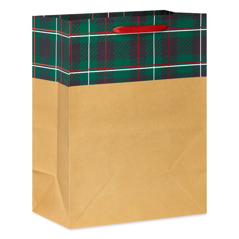 Large 13&#34; Black/Green/Red Plaid on Kraft Christmas Gift Bag, 1 of 6