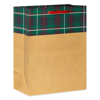 Large 13" Black/Green/Red Plaid on Kraft Christmas Gift Bag