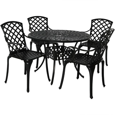 Sunnydaze Outdoor Crossweave Design Black Cast Aluminum Round Patio Dining Furniture Set with Table and Chairs 5pc