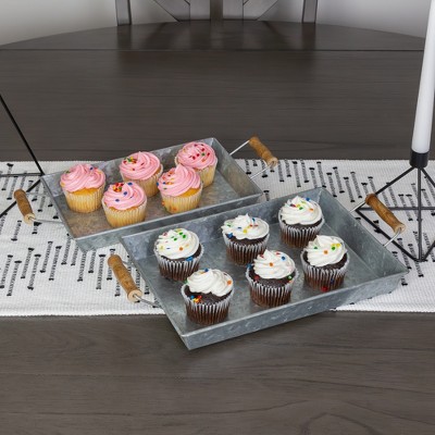 Silver Galvanized Rectangular Trays with Wooden Handles, Set of 2