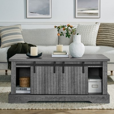 JUJABU 41.3" Rectangular Rustic Coffee Table with Sliding Door and Adjustable Shelves, for Living or Meeting Room