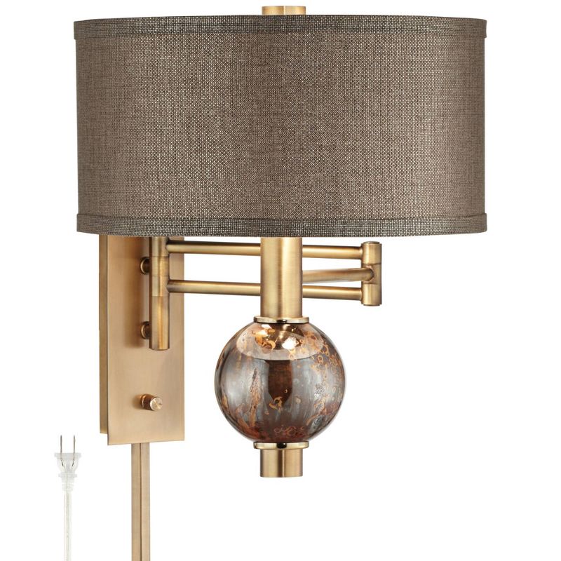 360 Lighting Modern Swing Arm Wall Lamp Painted Polished Brass Plug-In Light Fixture Dark Taupe Drum Shade for Bedroom Living Room, 1 of 10