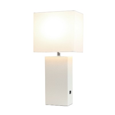 21" White Leather Base Modern Nightstand Lamp with USB Port