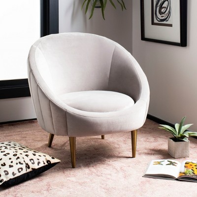 Transitional Pale Taupe Velvet Barrel Arm Chair with Wood Accents