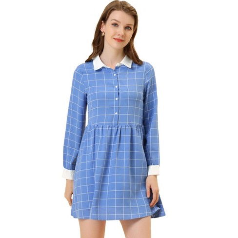 Allegra K Women's Plaid Long Sleeve Half Placket Contrast Point Collar  Shirt Dress Blue X-Large