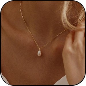Gold Plated Pearl Lariat Necklace for Women, Dainty Beaded Drop Choker Vintage Style Gold-single long pearl - 1 of 4