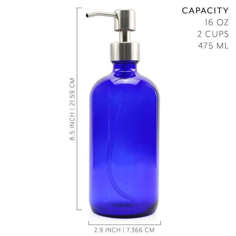 Cornucopia Brands 16oz Cobalt Blue Glass Bottles w/Stainless Steel Pumps 2pk; Soap Dispenser w/Lotion Pumps, 2 of 7