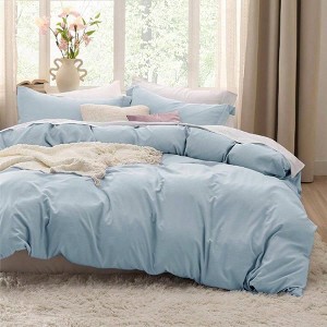 Sky Blue Duvet Cover Queen, 3 - Piece Set, Prewashed Cotton - Like, 90x90 Inch with Zipper, 2 Pillow Shams, No Comforter Included - 1 of 4