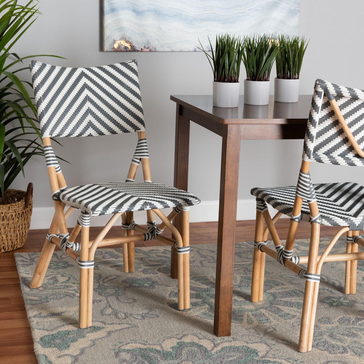 bali & pari Shai Modern French Grey and White Weaving and Natural Rattan Bistro Chair