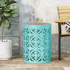 XIYUYEU Transitional Mosaic Patio Side Table with Ceramic Tile Top, Outdoor Table  with Lace-cut Pattern, Outdoor End Table for Patio - 1 of 4