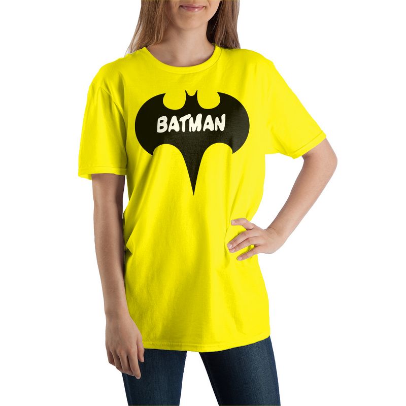 DC Comics Batman Logo Juniors Yellow Short Sleeve Graphic Tee, 1 of 2