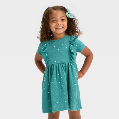 Image of Toddler Girls' Knit Pucker Printed Short Sleeve Dress - Cat & Jack™ Dark Green 18M