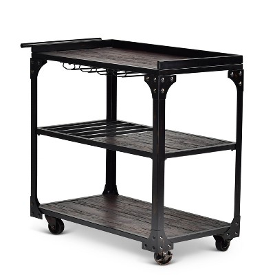 Rustic Black and Brown Wood Server Cart with Wine Rack
