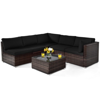 Tangkula 6PCS Wicker Patio Sectional Conversation Furniture Set with Coffee Table & Seat Cushions Navy/Black/Turquoise/Red