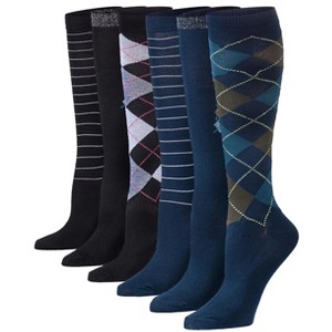 Tipi Toe Womens 6 Pairs Classic Colorful Striped Argyle Patterned Knee High Socks - 1 of 4