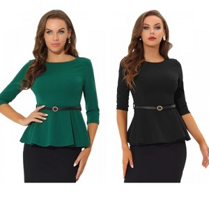 INSPIRE CHIC Women's 3/4 Sleeve Belted Elegant Business Work Peplum Top 2 Packs - 1 of 4
