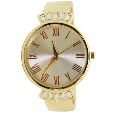 Olivia Pratt Elegant Emerald Rhinestone Solid Metal Bangle Watch